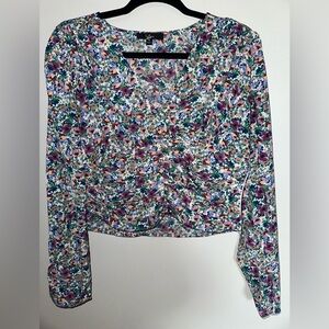 Lulu's Multicolor V Neck Floral Long Crop Blouse